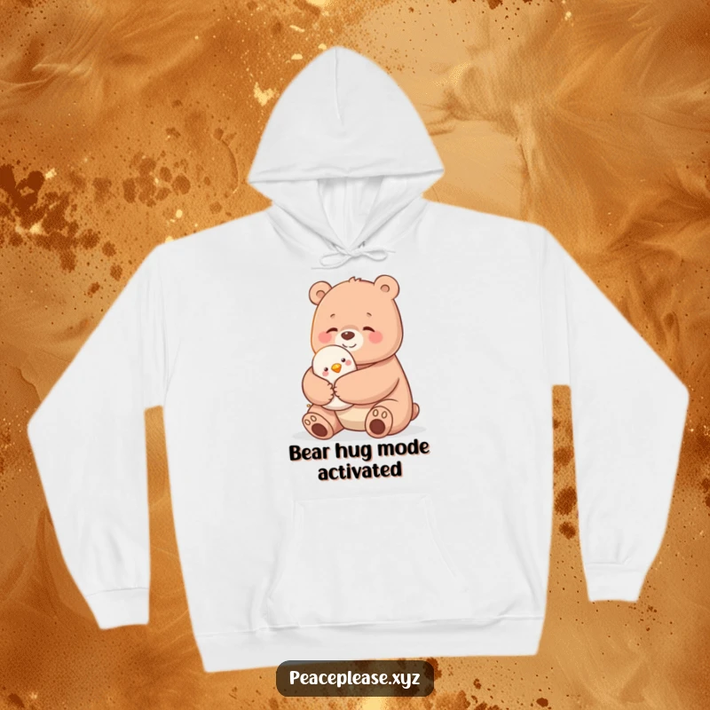 Funny hoodie depicting a sweet bear giving a warm, comforting hug to a tiny, happy bird, a symbol of affection.