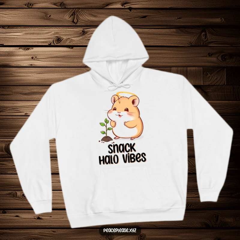 Funny hoodie depicting a peaceful hamster with a halo, extending a tiny sprout towards another seedling, conveying serenity and giving.