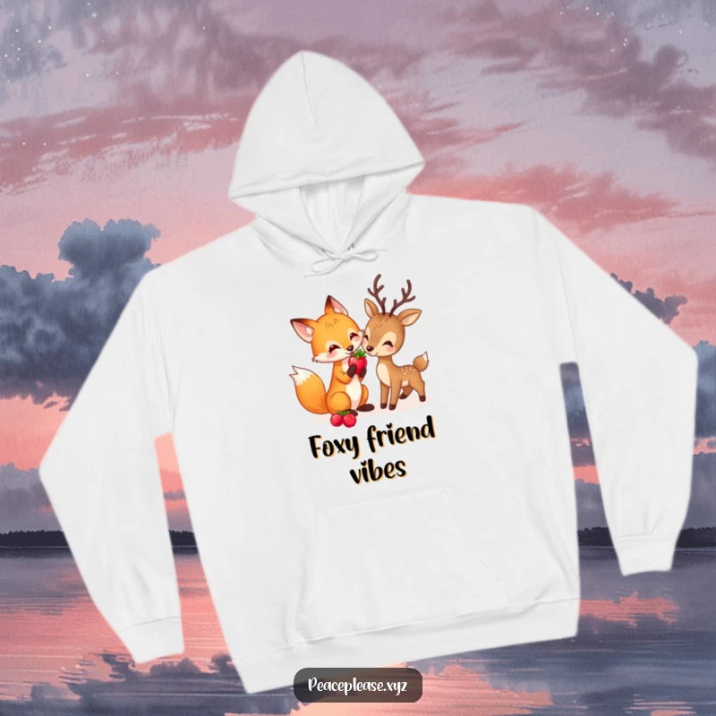 Funny hoodie showing a playful fox sharing a ripe berry with a gentle deer, symbolizing friendship and the wild.
