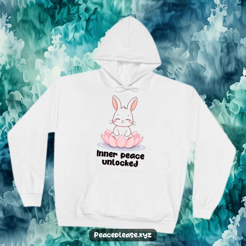 Funny meditating rabbit on a lotus pad, depicted on a cozy hoodie, offering warmth and a message of peace, great gift.