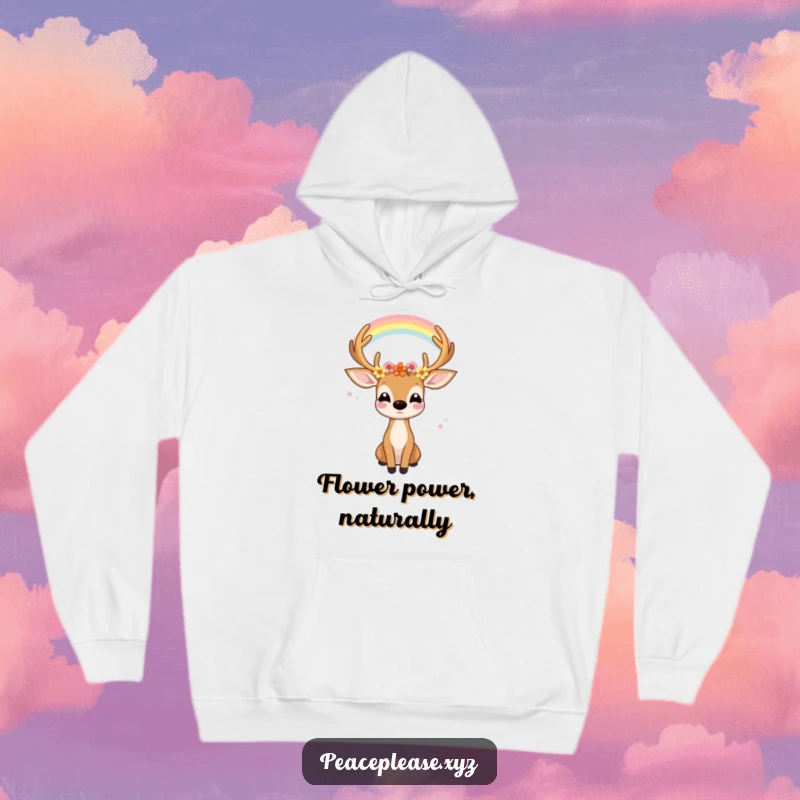 Funny hoodie design of a joyful deer with flowers in its antlers looking serenely at a rainbow, symbolizing peace.