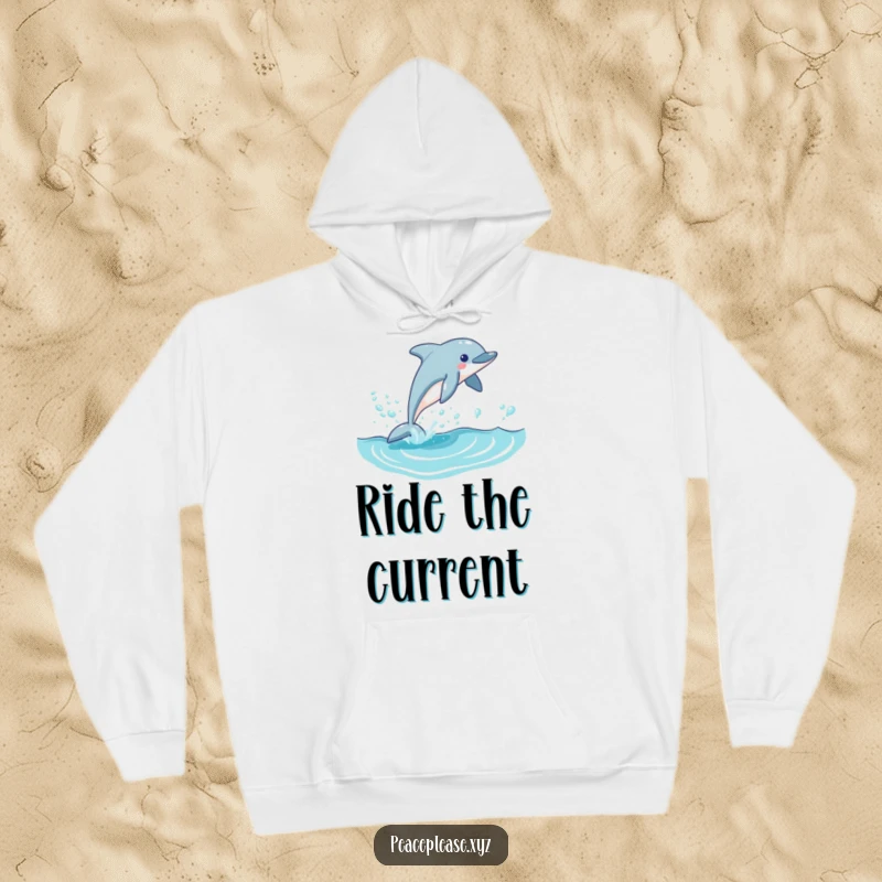 Funny dolphin hoodie depicting a playful marine mammal leaping gracefully from a blue wave, accompanied by a stream of effervescent bubbles.