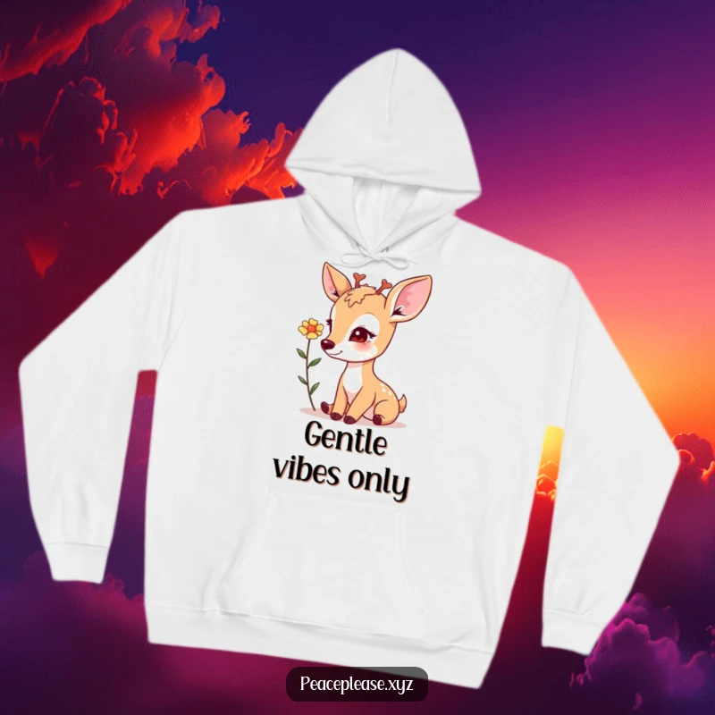 Hoodie showcasing a gentle deer with a soft gaze, offering a flower, providing cozy and peaceful wear.