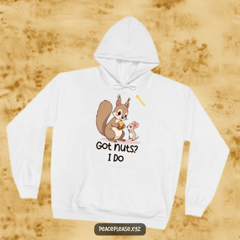 Funny hoodie design of a curious squirrel offering a nut to a tiny, trusting mouse, highlighting friendship and warmth.