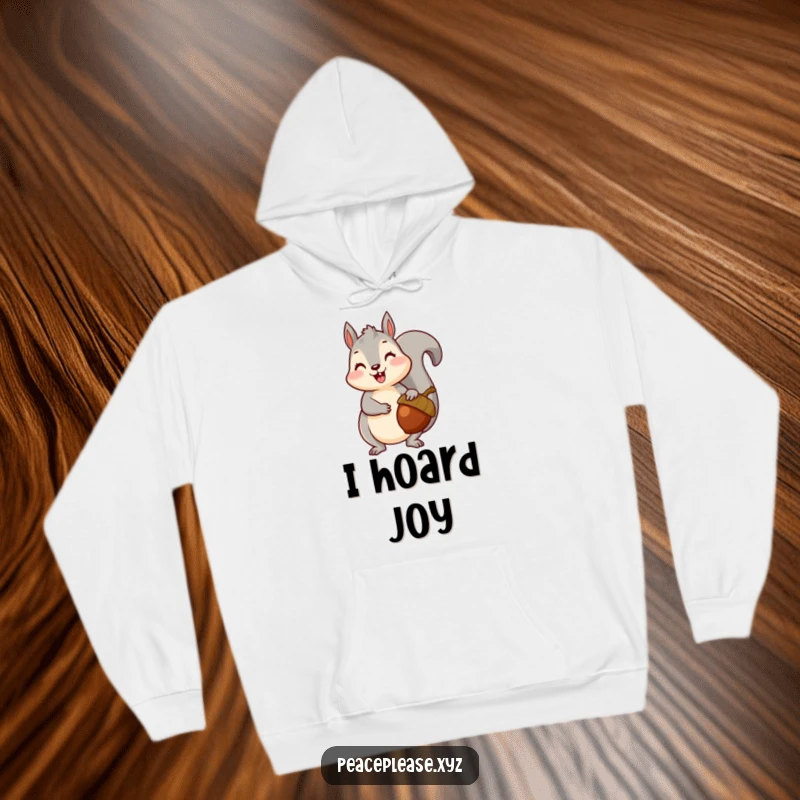 Hoodie showcasing a happy squirrel handing over a ripe acorn, offering warmth and a reminder of nature's treats.