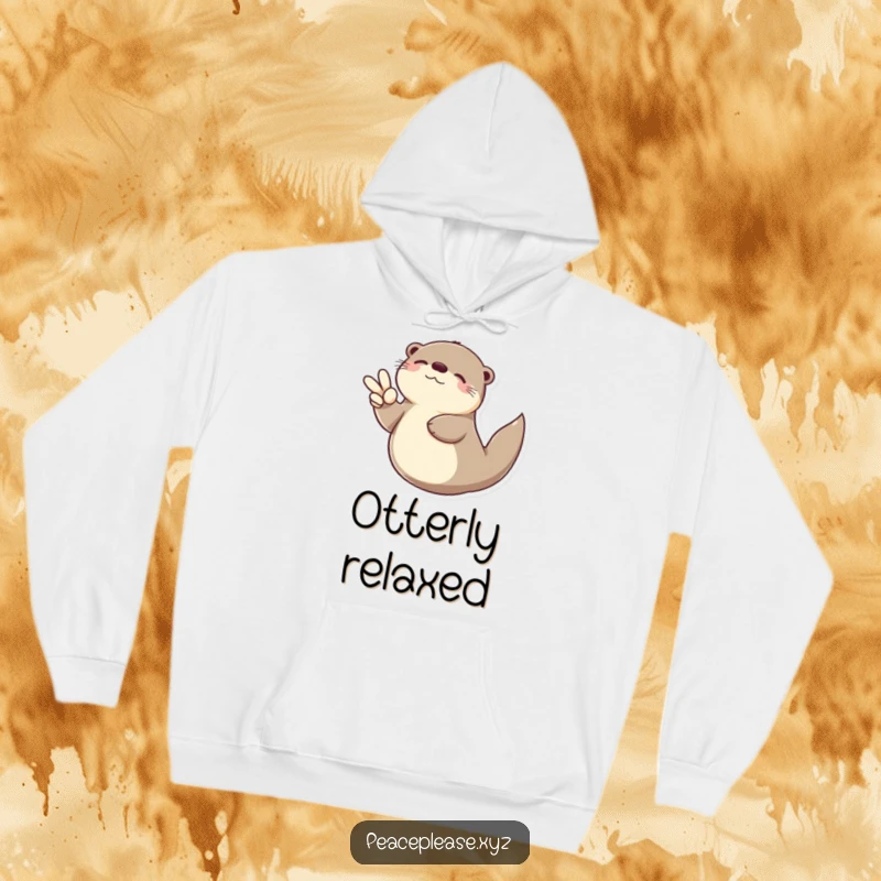 Funny Otter hoodie depicting a serene otter floating on its back with a peace sign, a cozy and humorous symbol of peace.