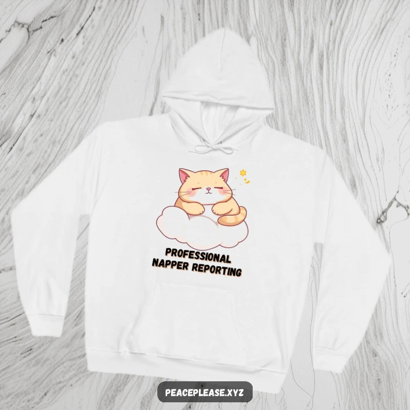 Funny cat hoodie depicting a plump cat sleeping on a cloud, dreaming of sunny days, offering ultimate comfort and humor.