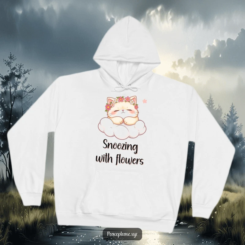 Funny plump cat wearing flower crowns, snoozing on a cloud, holding a gentle breeze on a warm hoodie, perfect for cozy relaxation.
