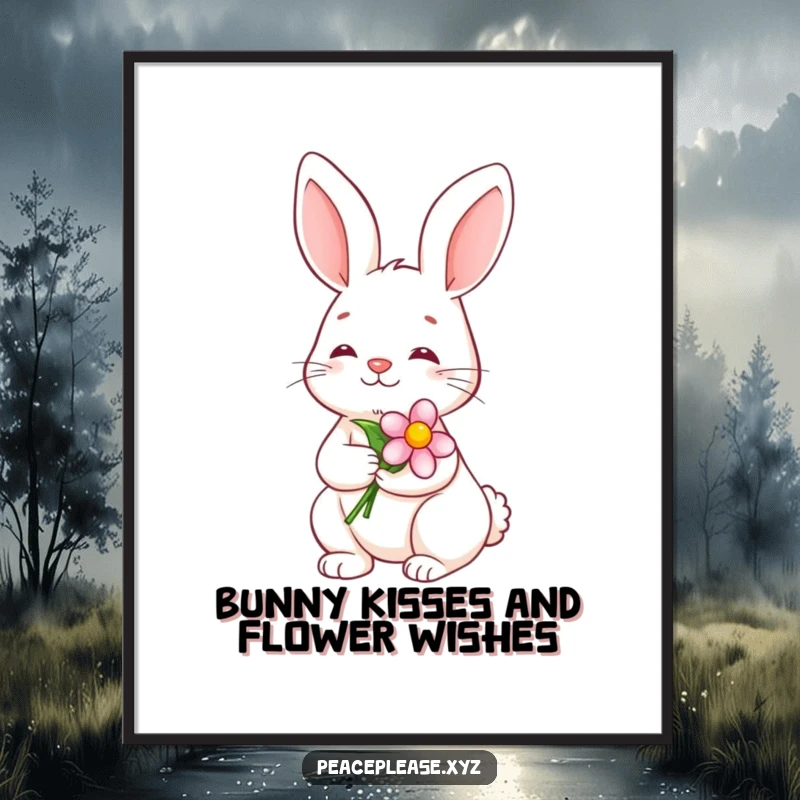 Free Printable Wall Art: Serene bunny with a gentle smile holding a blooming flower, radiating peace, calm, and natural beauty.
