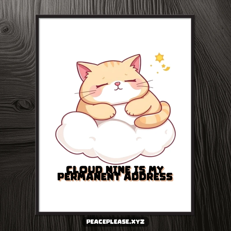 Funny Free Printable Wall Art: Plump cat peacefully napping on a cloud, dreaming of sunshine, cozy downloadable art.