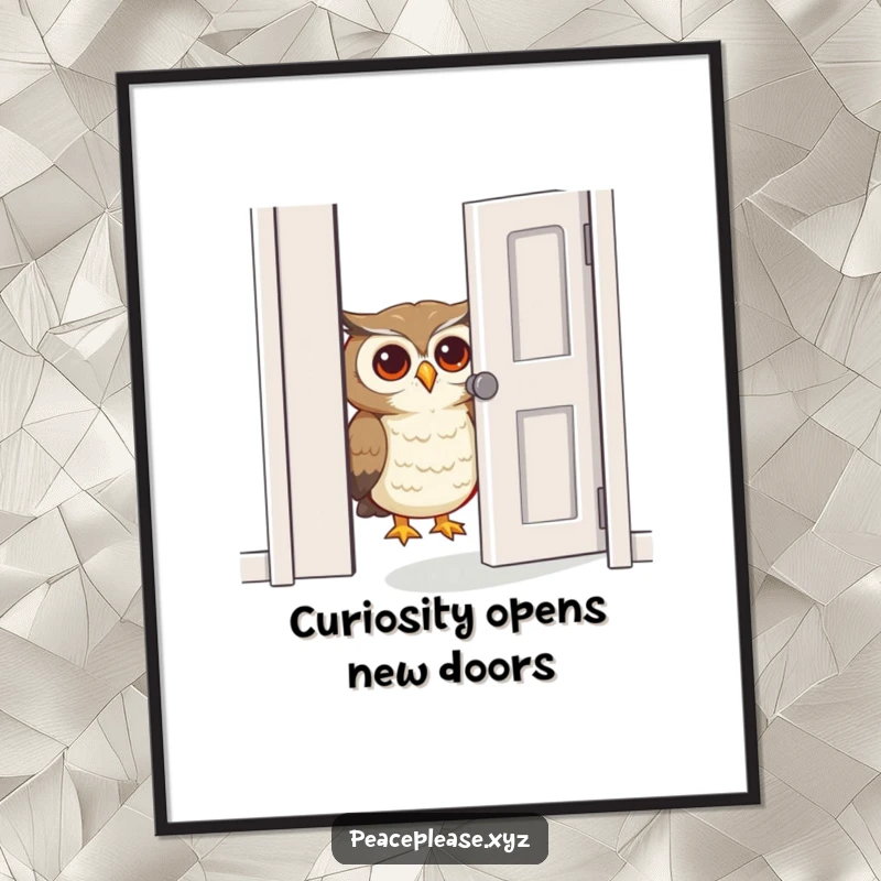 Funny Free Printable Wall Art: A curious owl gently nudges open a door, creating an intriguing and humorous piece of downloadable decor.