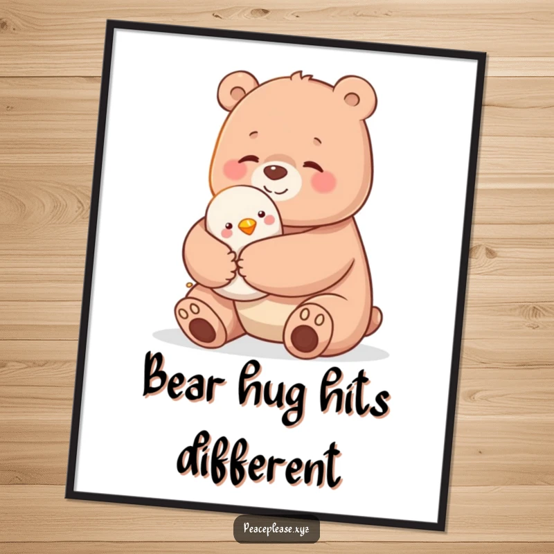 Funny Free Printable Wall Art: Gentle bear in a warm hug with a small bird, creating a cozy and humorous scene.