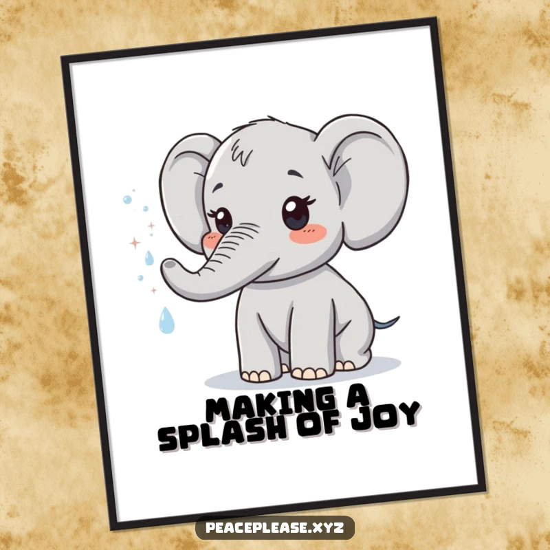 Funny Free Printable Wall Art of a cute elephant spraying a gentle mist of sparkling water, bringing joy and whimsy.