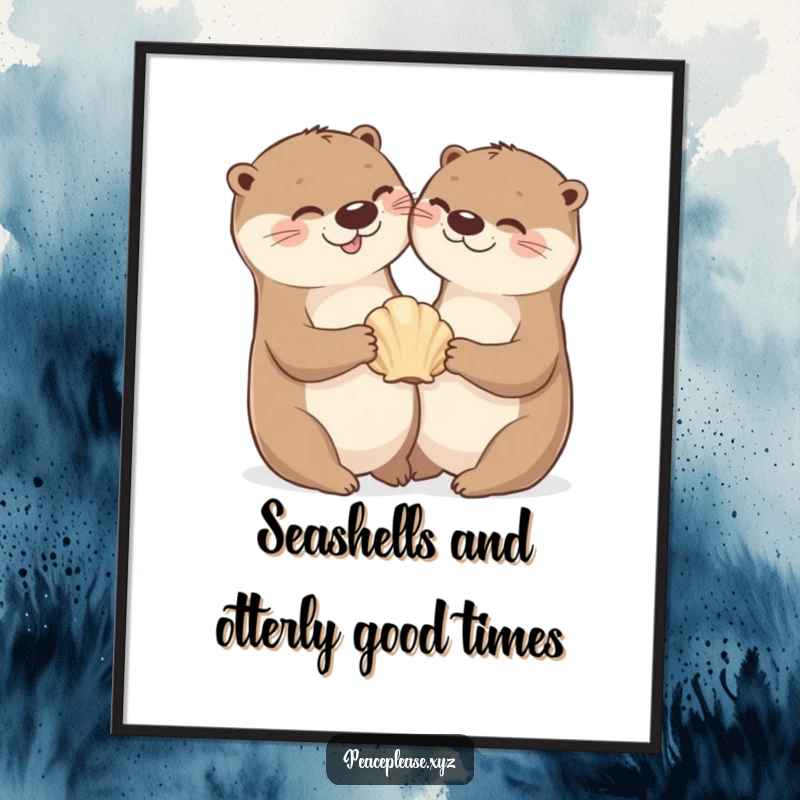 Free Printable Wall Art: Two cheerful otters playfully sharing a seashell, bringing a touch of aquatic fun to any room.