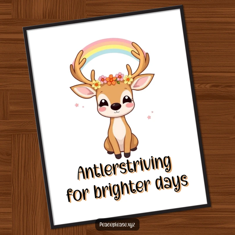 Free Printable Wall Art: Joyful deer with flowers in antlers gazes at rainbow, serene downloadable art.