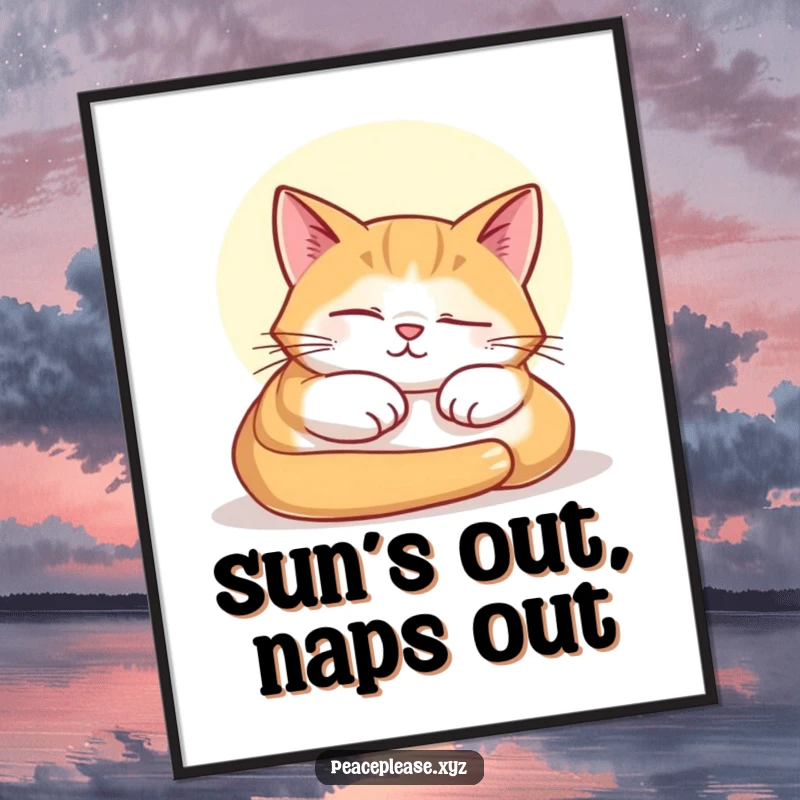 Funny Free Printable Wall Art of a contented cat napping blissfully in a sunbeam, radiating peace.