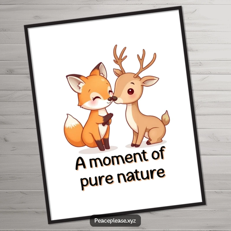 Funny Free Printable Wall Art: A fox and deer share a tender nose touch, celebrating woodland friendship and peace.