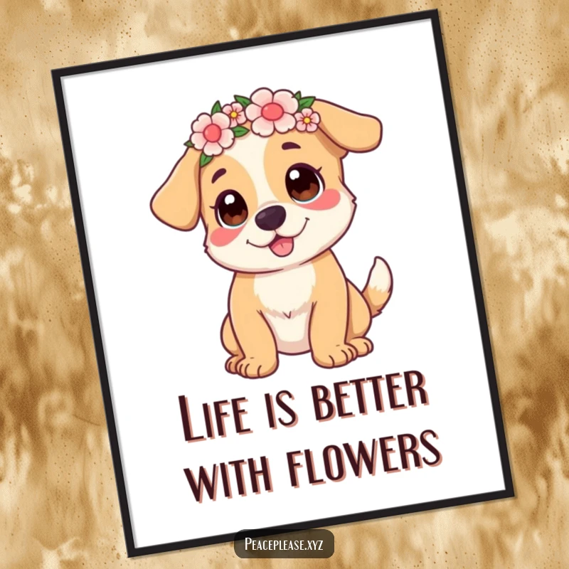 Funny Free Printable Wall Art: A joyful dog with a flower crown wagging its tail, creating cheerful and humorous downloadable decor.
