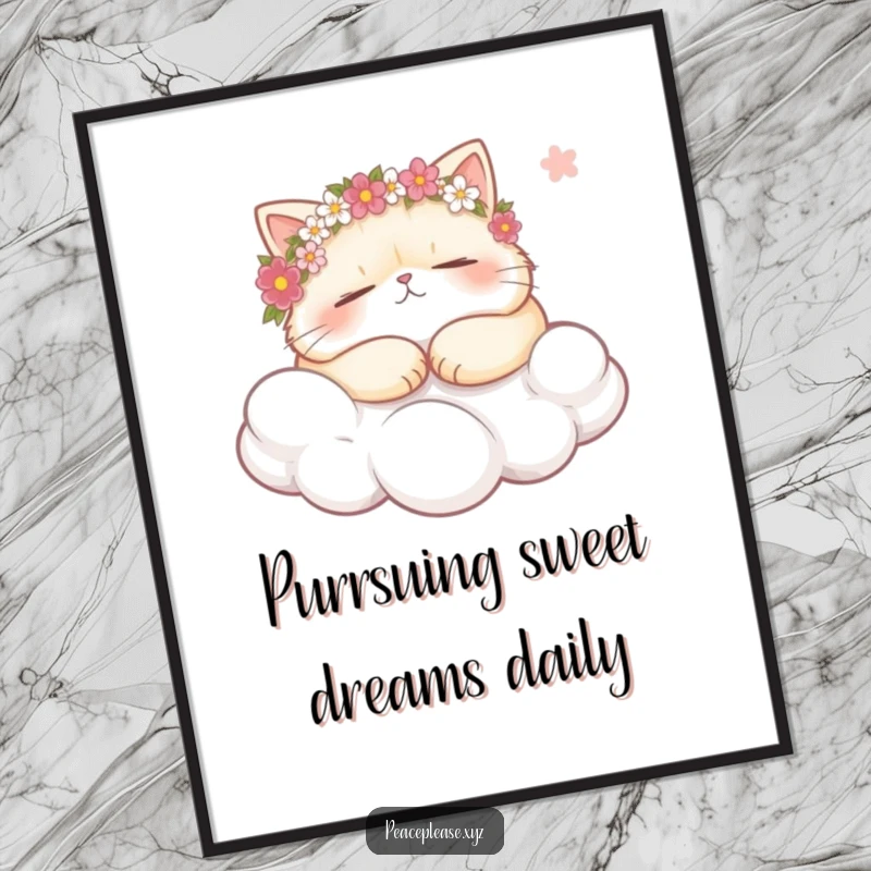 Funny Free Printable Wall Art: A plump, flower-crowned cat peacefully snoozing on a cloud, gently holding a breeze.