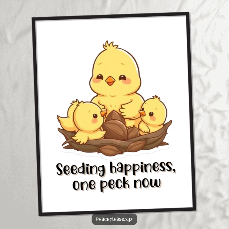 Funny Free Printable Wall Art: Happy chick pecking seed amongst siblings, cute and funny downloadable art.