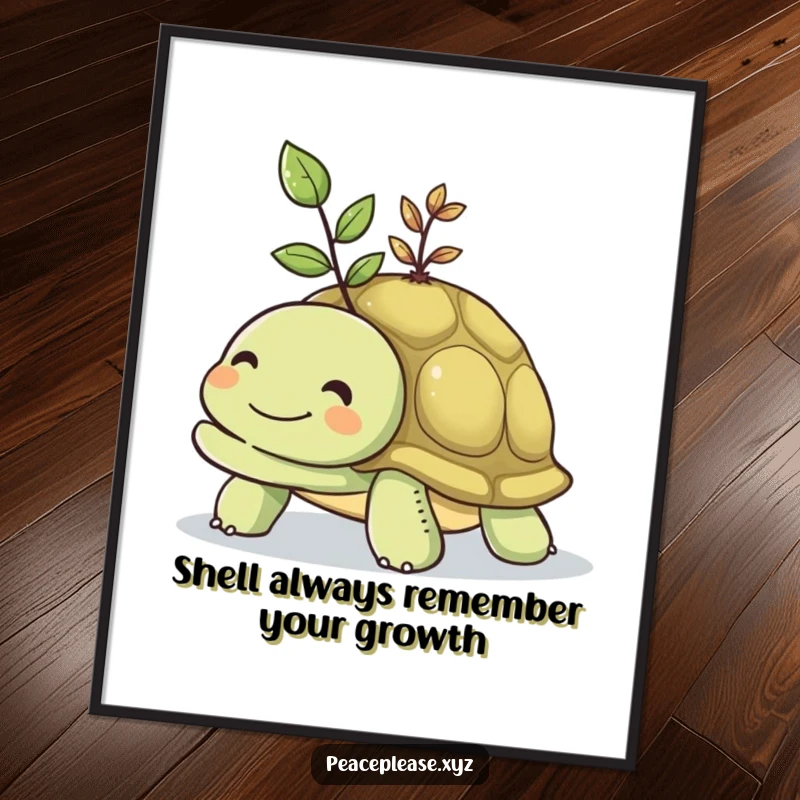 Funny Free Printable Wall Art: Smiling turtle carries vibrant seedling on shell, symbolizing growth downloadable art.