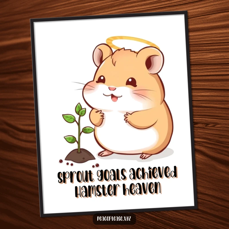 Funny Free Printable Wall Art: Contented hamster with halo offers sprout to seedling, embodying gentle appreciation and calm.
