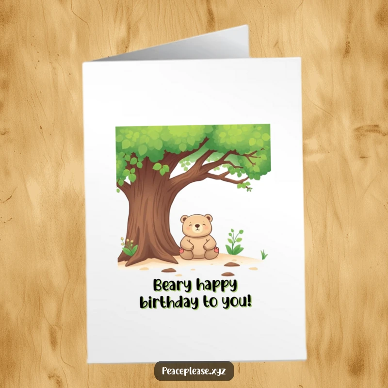 Funny Free Printable Birthday Card: Zen bear meditating peacefully under a tree, ideal for a humorous and calm greeting.
