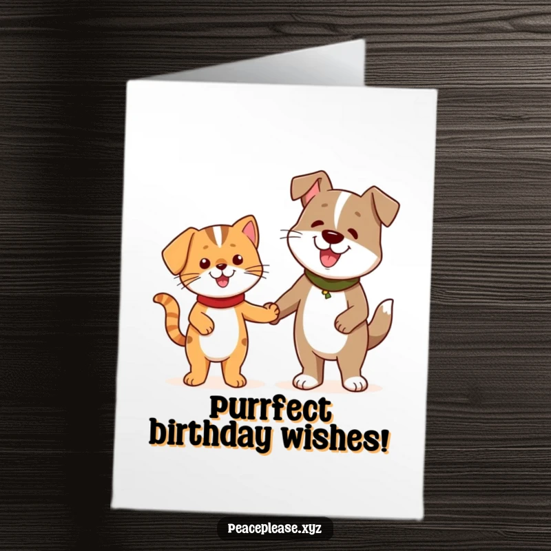 Funny Free Printable Birthday Card: Cheerful cat character holding hands with a friendly dog, celebrating a happy birthday together.