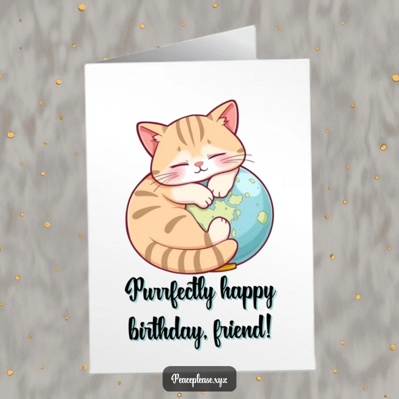 Funny Free Printable Birthday Card: Content cat napping on a tiny globe, perfect for a globally humorous birthday wish.