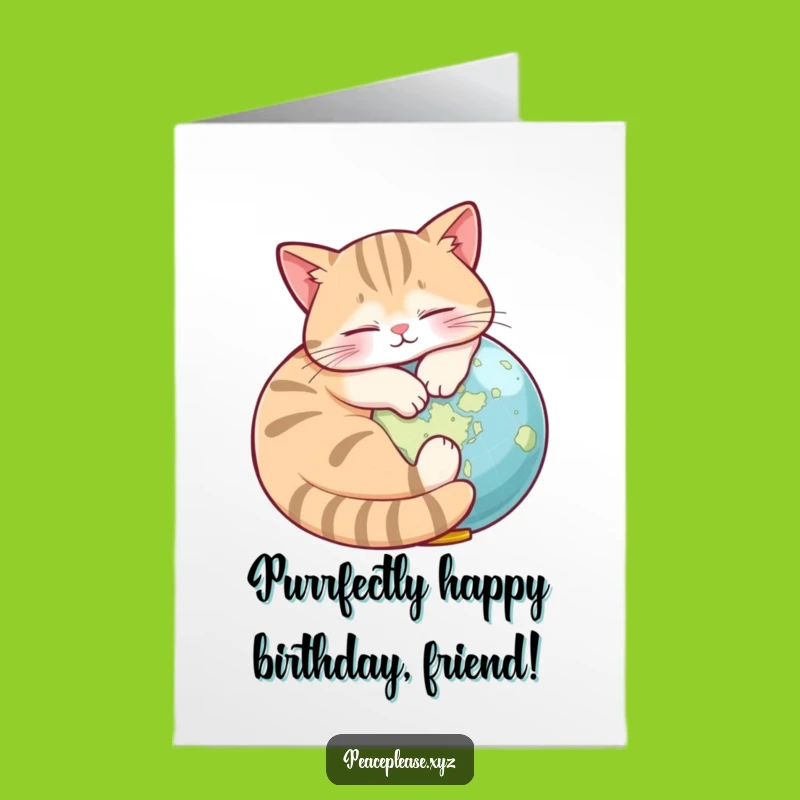 Free Printable Birthday Card: Cat Napping on Globe, Funny Downloadable Gift for World Travelers