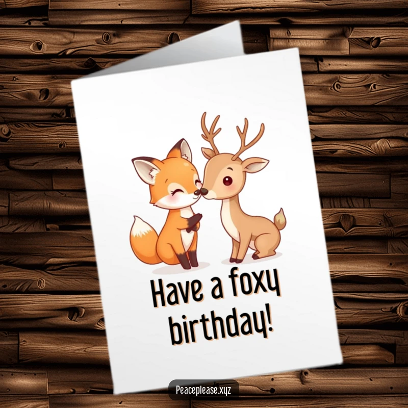 Funny Free Printable Birthday Card: A happy fox and deer share a gentle nose touch, celebrating friendship and birthdays.