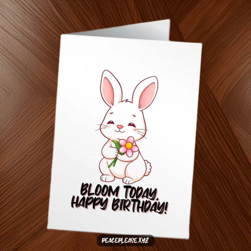 Free Printable Birthday Card: Serene bunny with a calm smile holding a beautiful blooming flower, radiating peace and happiness.