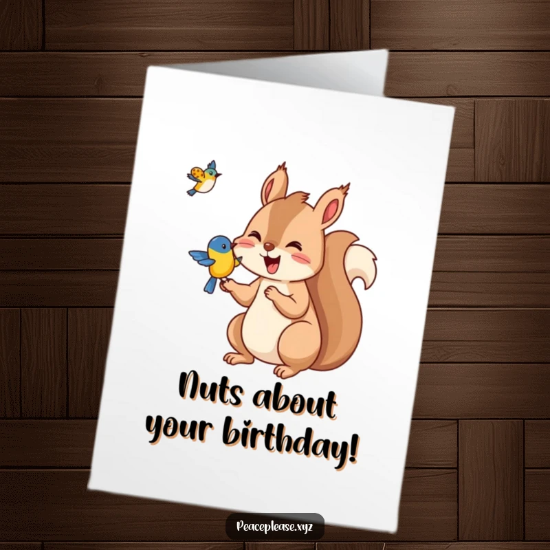 Funny Free Printable Birthday Card: A generous squirrel offers nuts to a delighted bird, spreading birthday cheer.