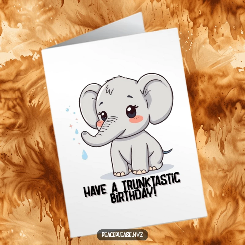 Funny Free Printable Birthday Card featuring a cute elephant spraying a gentle mist of sparkling water, bringing festive cheer.