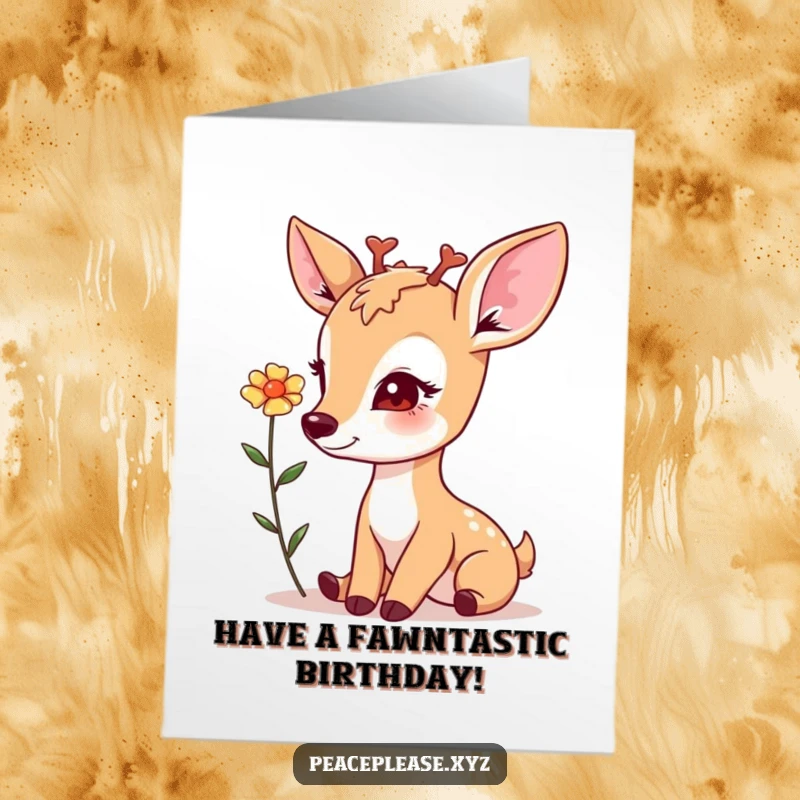 Free Printable Birthday Card: Gentle deer with soft eyes offers a flower, wishing a happy birthday with subtle humor.