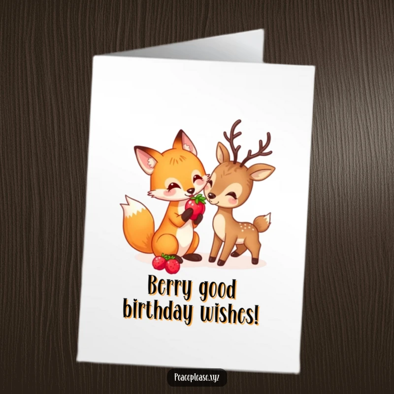 Funny Free Printable Birthday Card: Playful fox sharing a berry with a gentle deer, celebrating nature and birthdays.