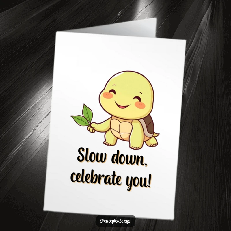Funny Free Printable Birthday Card: Smiling turtle offering a leaf to a smiling friend, celebrating friendship and birthdays.