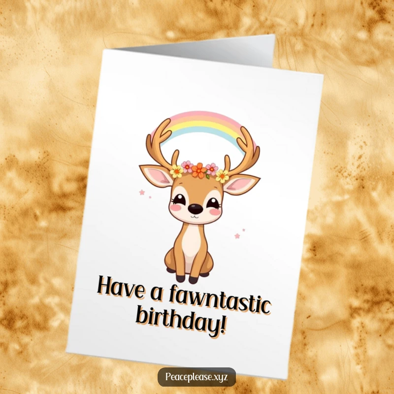 Free Printable Birthday Card: Joyful deer with flowers in antlers gazes at rainbow, serene downloadable art.