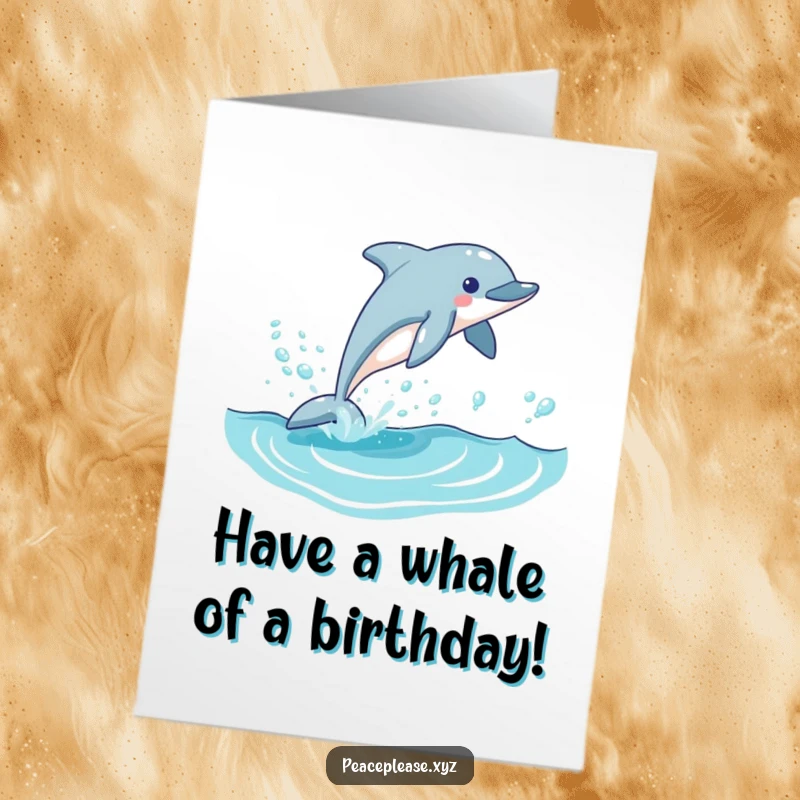 Funny Free Printable Birthday Card: A playful dolphin leaps from a wave, leaving a bubbly trail, wishing happy birthday.
