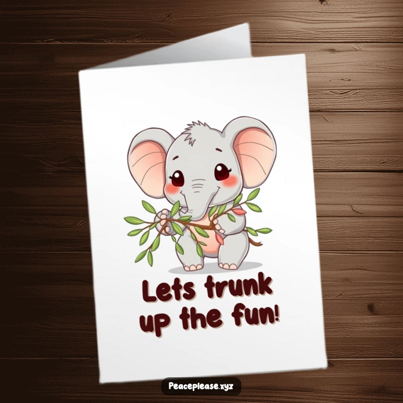 Funny Free Printable Birthday Card: Cute elephant character offering an olive branch with a wide, friendly smile, wishing happy birthday.