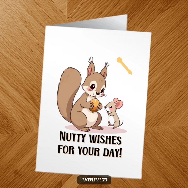 Funny Free Printable Birthday Card: Squirrel offers nut to tiny mouse, cute and humorous downloadable art.