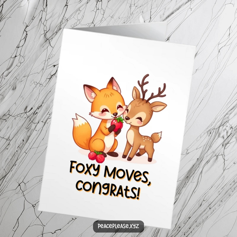 Funny Free Printable Congrats Card: Playful fox sharing a ripe berry with a deer, symbolizing shared joy and friendship.