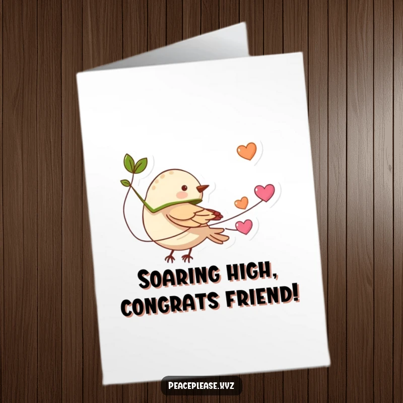 Funny Free Printable Congrats Card: Tiny bird with a leaf cape soaring with a string of hearts, celebrating.