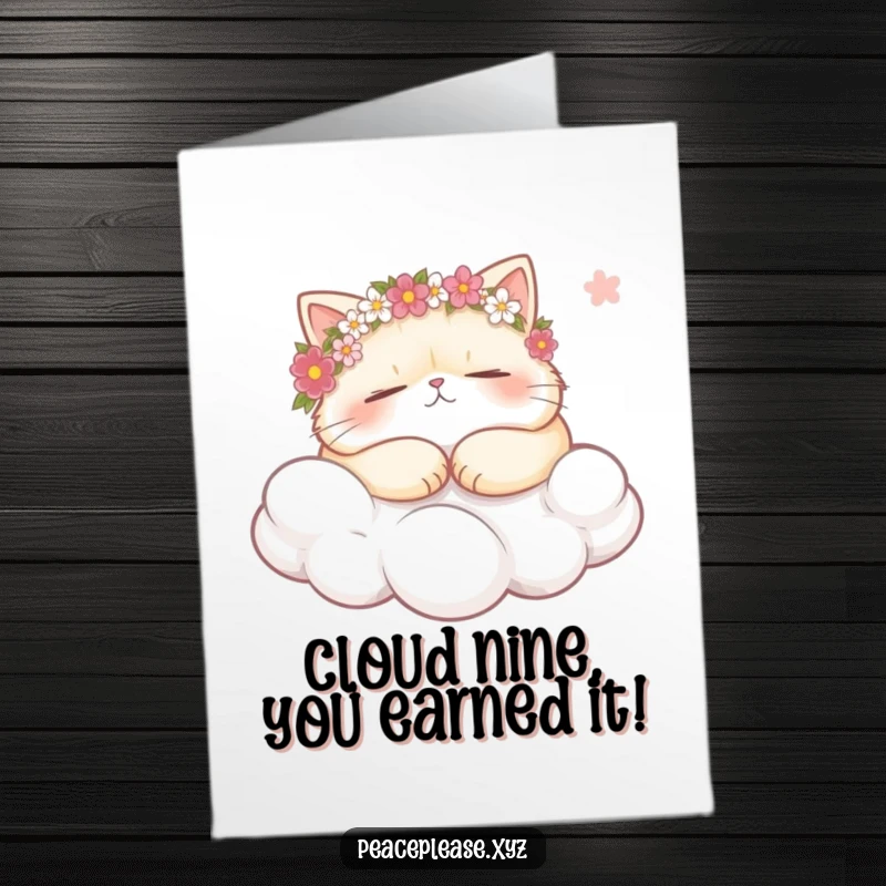 Funny Free Printable Congrats Card: Plump cat wearing flower crowns naps on a cloud, serenely holding a breeze.
