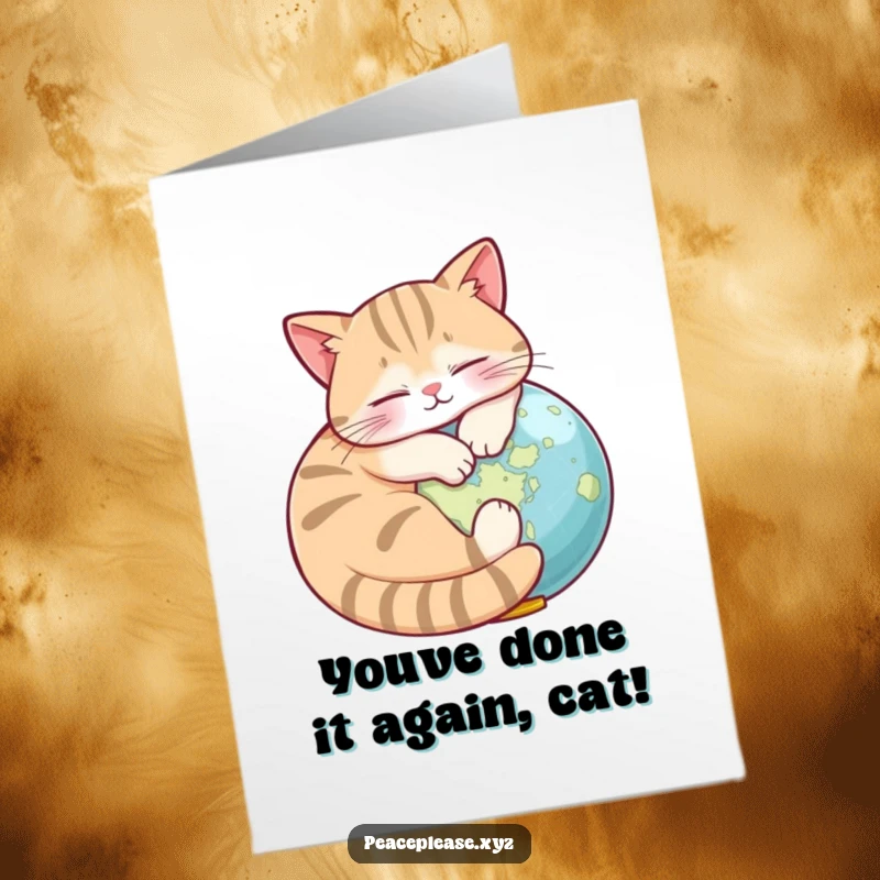 Funny Free Printable Congrats Card: Content cat naps on a globe, celebrating a globally humorous achievement, a memorable downloadable.