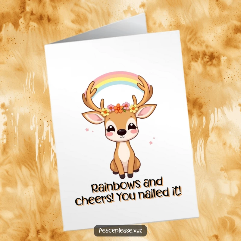 Free Printable Congrats Card: Joyful deer with flowers in antlers gazes at rainbow, serene beauty art.