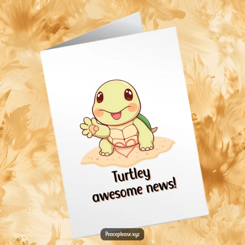Funny Free Printable Congratulations Card: Cheerful turtle extends paw with heart in sand, celebrating a momentous achievement.