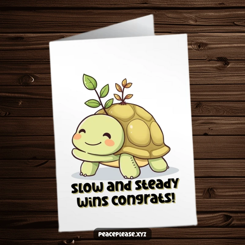 Free Printable Congrats Card: Smiling turtle carries vibrant seedling on shell, symbolizing growth downloadable art.