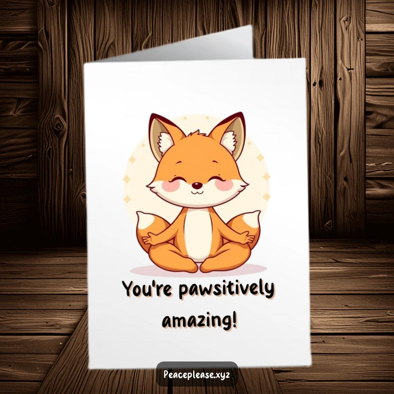 Funny Free Printable Congratulations Card with a smiling fox meditating in a lotus pose, radiating a serene aura of success.