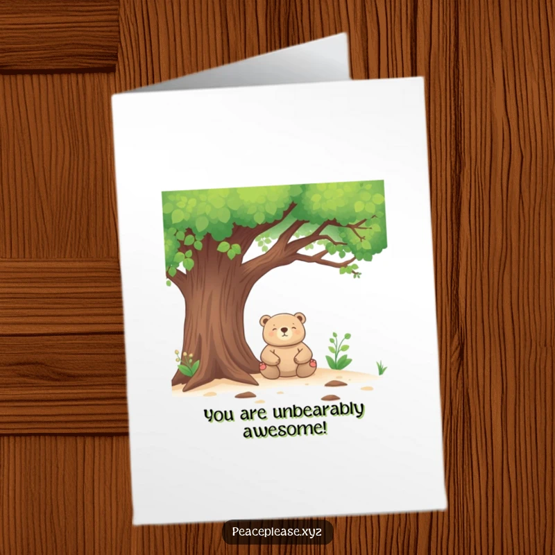 Funny Free Printable Congrats Card: Zen bear meditating under a tree, conveying peaceful congratulations, a unique downloadable gift.